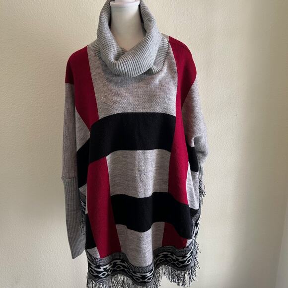 Ritza Sweater Poncho Tassel Hem Turtle Neck Southwest One Size Mexico Grey Multi - Picture 1 of 10